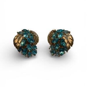 Signed Trifari Gold and Blue Gemstone Earrings